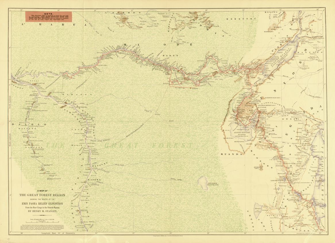 Un mapa de la región de los grandes bosques: que muestra las rutas de la expedición de socorro Emin Pasha, desde el río Congo hasta Victoria Nyanza |  Biblioteca del Congreso